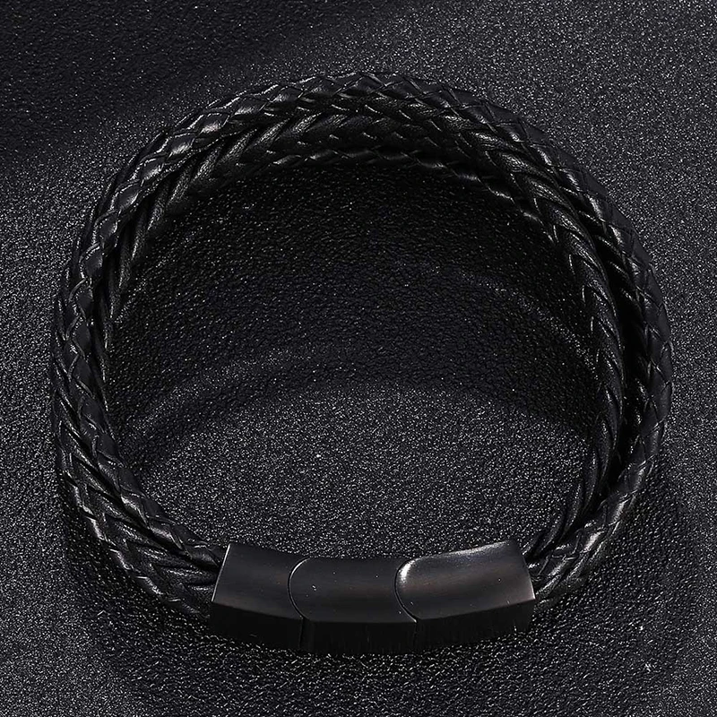 Fashionable Jewelry Multi Layer Leather Braided Bracelet Stainless Steel Black Magnet With Genuine Leather Bracelet Men