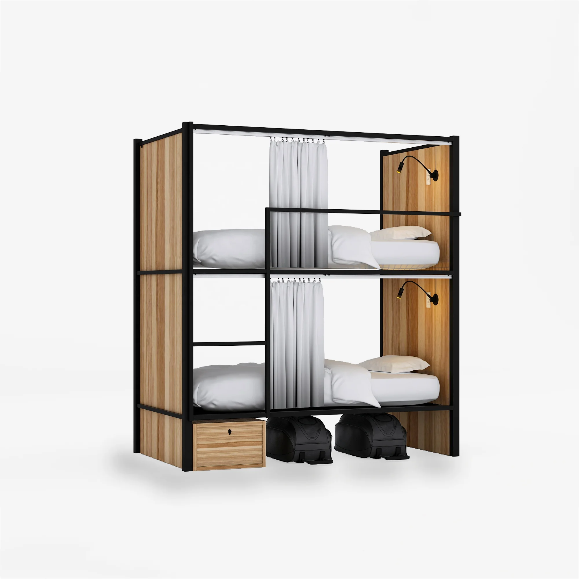 New Design Black Double Layer Stacked Bed for Adult Kid Metal Detachable Bunk Bed with curtain and drawers