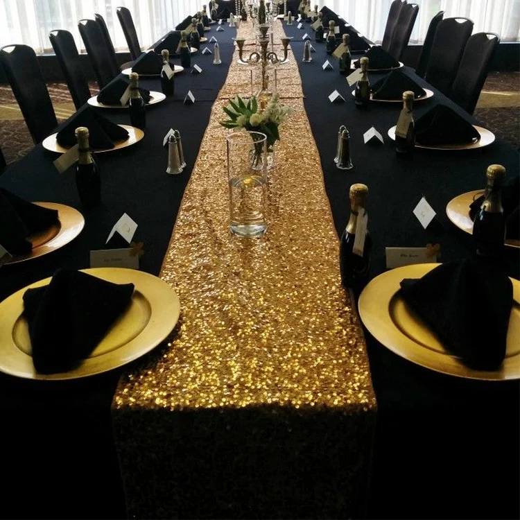 Factory Hot Sales gold sequin 12 x 108 inch table runner gauze flower Of Low Price