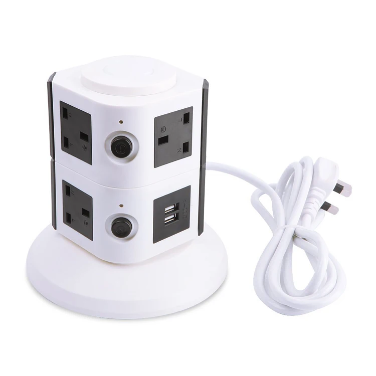 UK Type Multi Plug Tower Socket 5 Outlet 2 USB Port Power Strip Surge Protector With 13 Amp Overload Protector Individual Switch