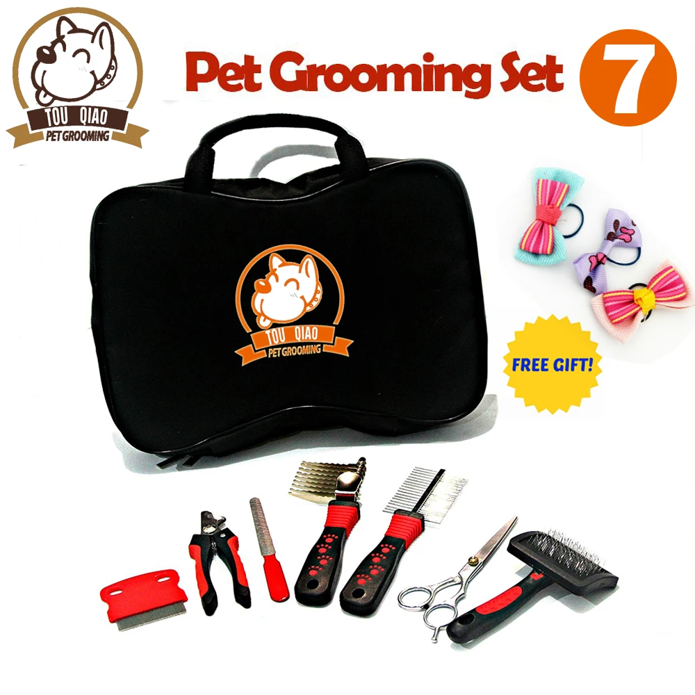 7-Piece Home Pet Grooming Kit with Double-Sided Brush,Flea Comb,Nail Trimmer,Undercoat Rake,Massage Mitt