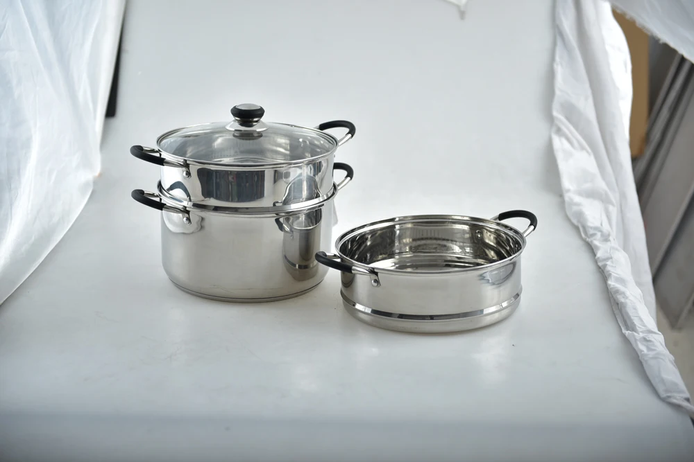SKU In Stock 28cm 3 Tiers S/S Handle with Silica Gel Steamer Stainless Steel Pot Set LB-1867D