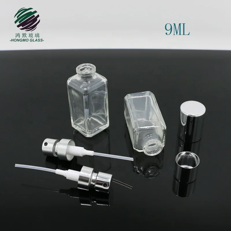 Miniature and portable OEM fine mist sprayer 9ml clear mini square shape crimp neck perfume spray glass perfume bottle