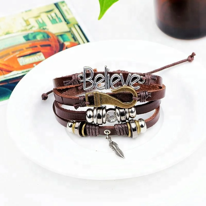 LIKA  Women Men Adjustable Alloy Feather Believe Letter Hook Multilayer Leather Bracelet