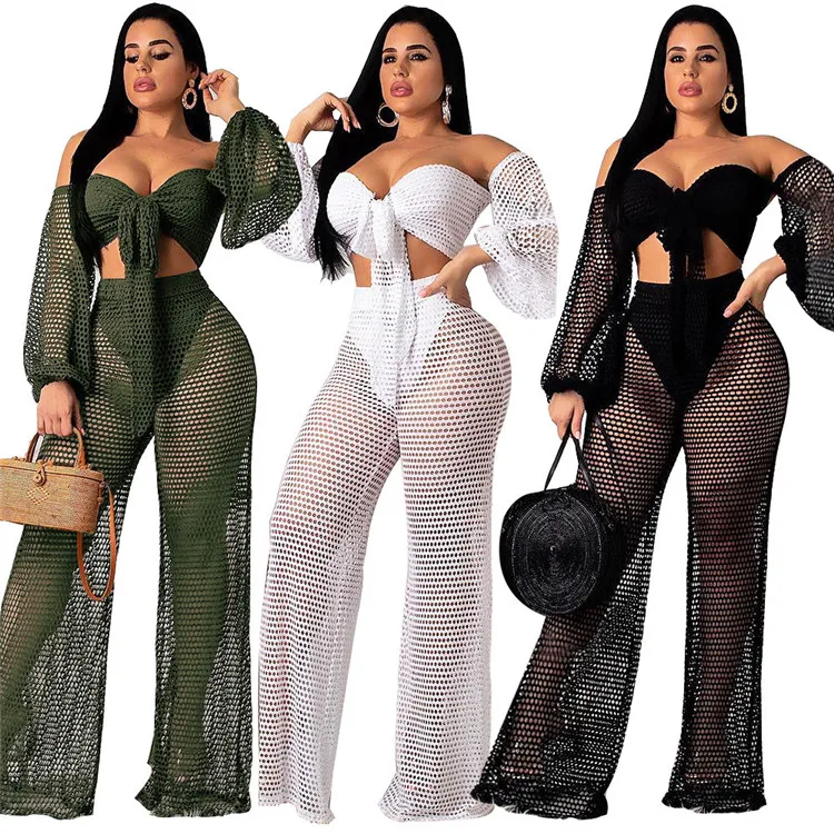 
Mesh off shoulder swim cover up top beach pants 