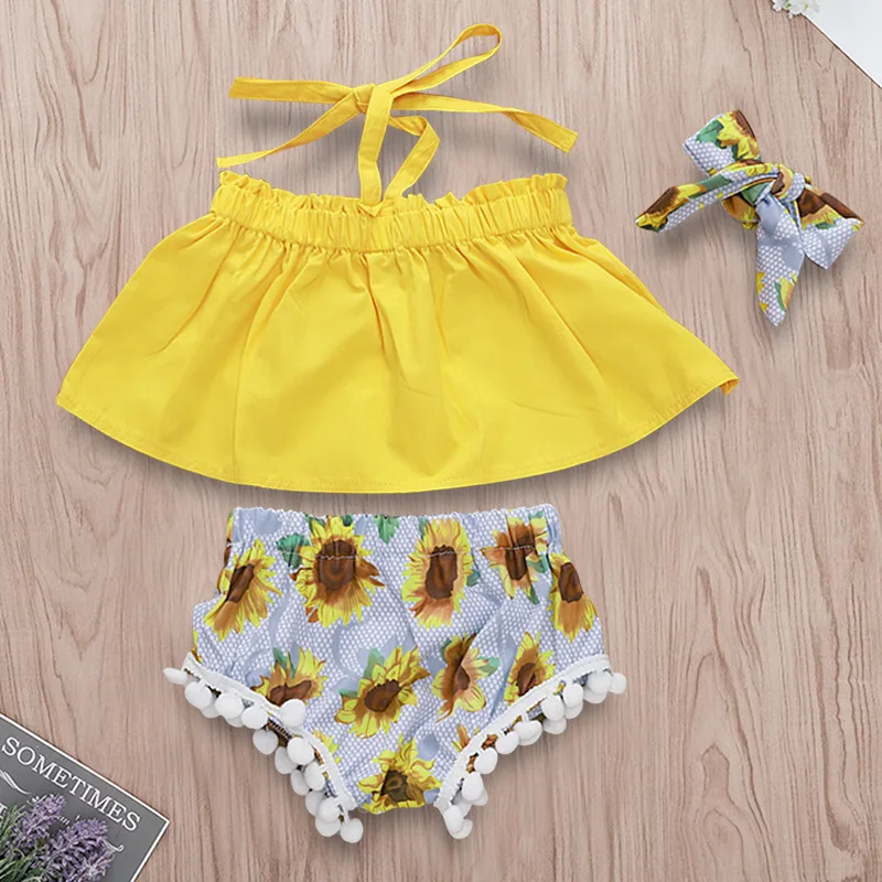 
0-18M Baby Girl Clothing Set Summer Sunflower Sleeveless Tops & tassel shorts & headband 3PCS Outfits 