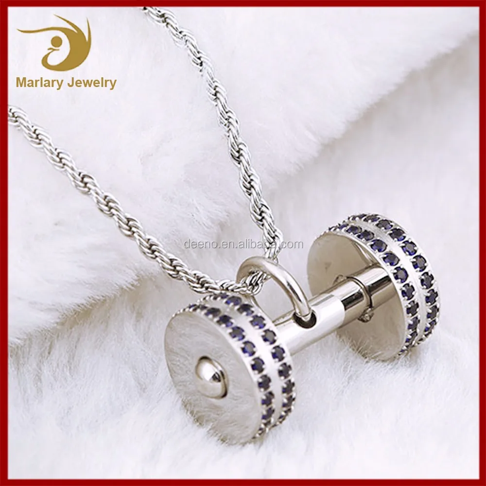 Promo Fitness Jewelry Stainless Steel Ruby Crystal Inlay Dumbbell Pendant Necklace Sport Gym Dumbbell Pendant