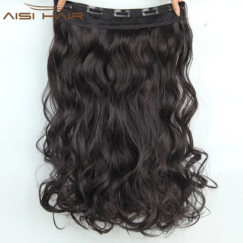 Synthetic Long Body Wave Hairpieces 5 Clips in Hair Extensions Heat Resistant Black Brown Color Fiber Hairpiece
