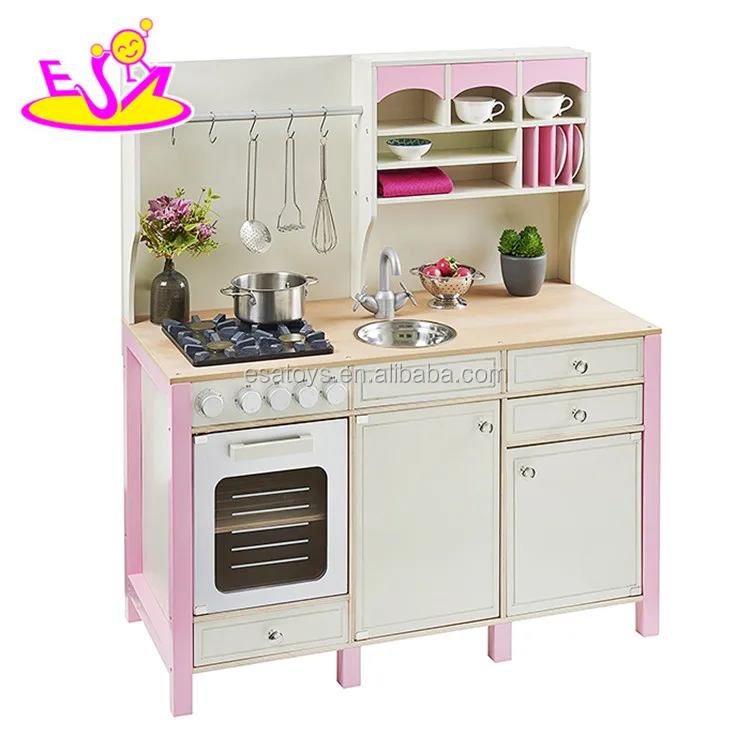 New design luxurious girls pretend play toys wooden pink toy kitchen W10C281