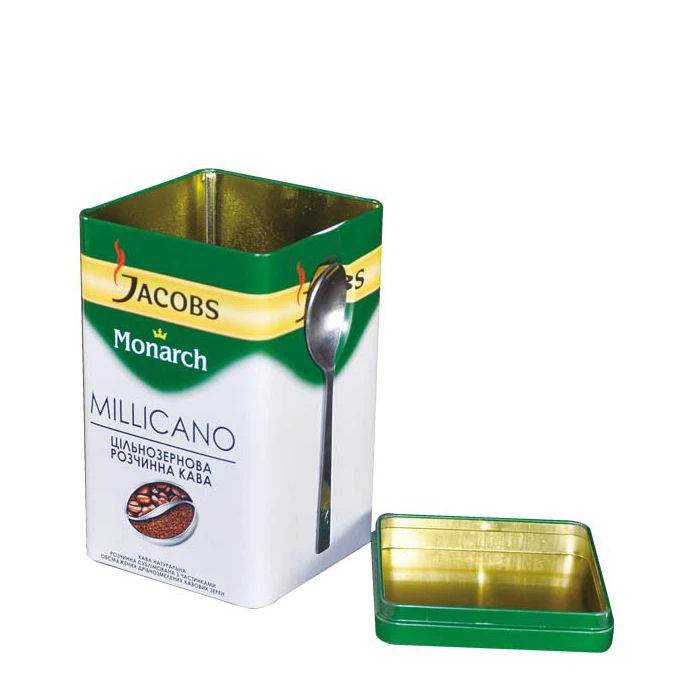 high quality airtight rectangular coffee tin with metal spoon