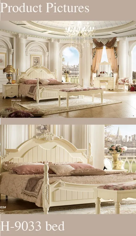 Healthy painting Royal Style Hand carving King Size Hotel Bedroom Furniture ,bed with pillars
