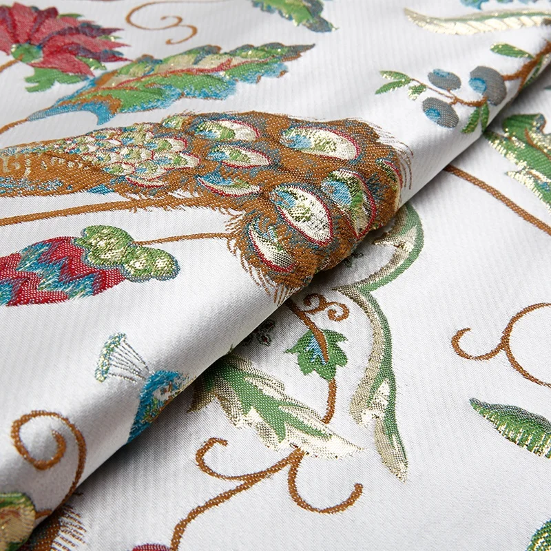 KEER Factory Custom Wholesale JDJ5036M  wholesale women party dress peacock animal pattern white polyester satin brocade jacquard kimono fabric japanese