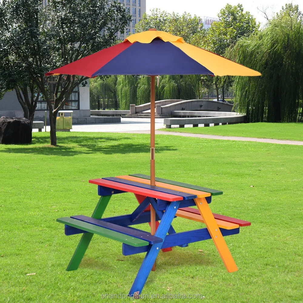 
Kids Children Garden Picnic Table Bench W/ Umbrella Wooden Rainbow Parasol Set Outdoor table 