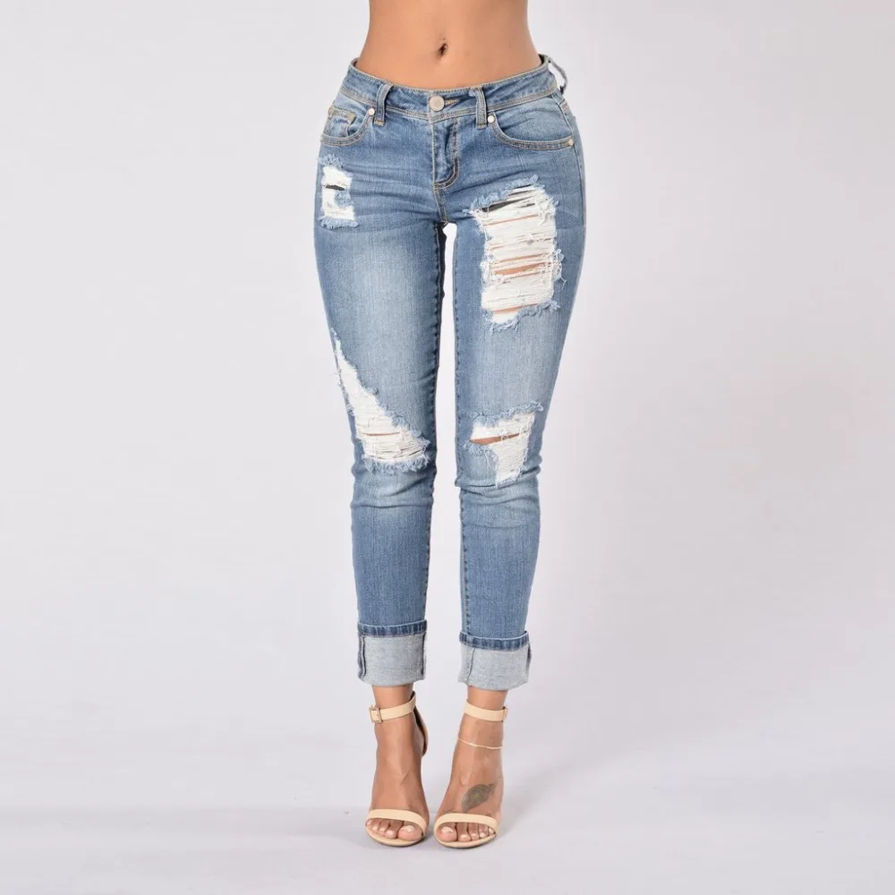 
HT-WJW 2017 Hot Selling Cheap Women New Design Denim Jean Pant Ripped Boyfriend Jeans Straight Leg can be Cuffed and Uncuffed 