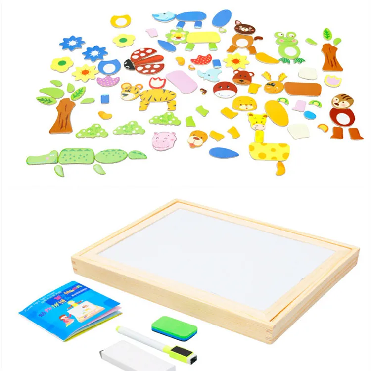 Hot Sale Educational Multi-function Wooden Easel Whiteboard Blackboard Kid Toy Cartoon Magnetic Puzzle