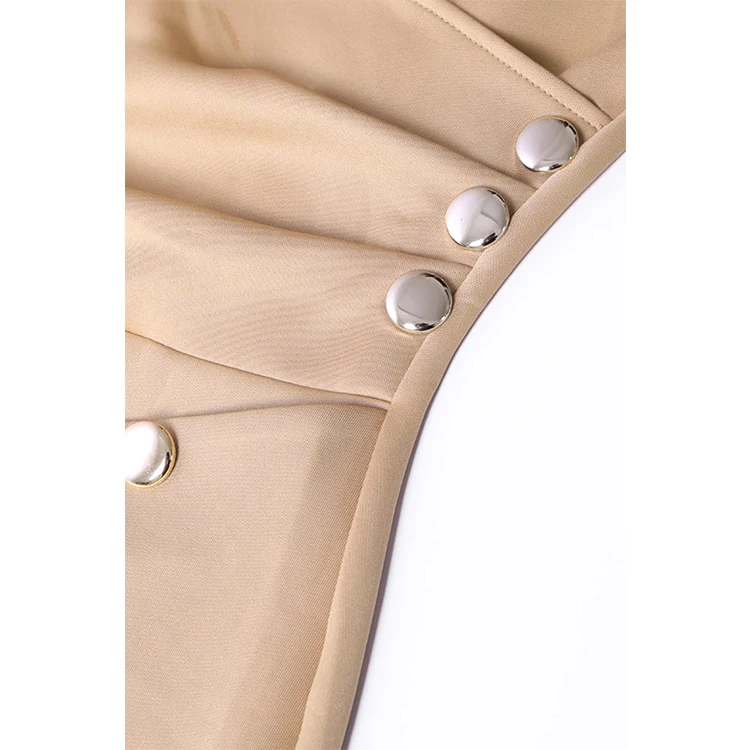 
Khaki Button Detail Elegant Women Formal Dresses Ruched Asymmetric Midi Dress For Office Ladies 
