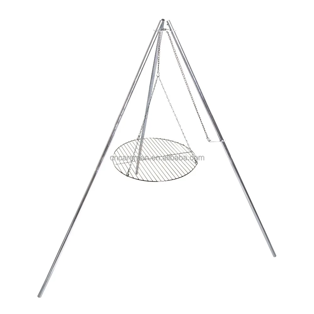 Chromed Steel Tripod Barbecue Stand, Tri-pod Cooker w/Round BBQ Grill/Campfire Grill & Lantern Hanger OEM Orders Accepted