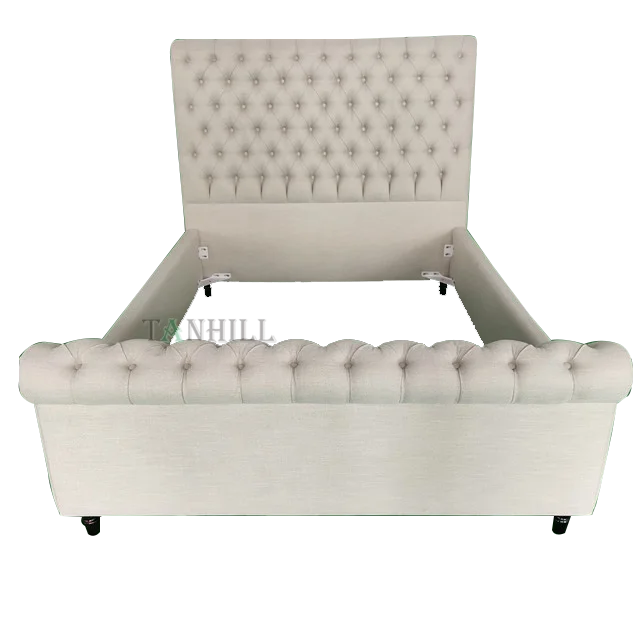 Fabric Upholstered Bed Button Tufted High Headboard for Home Furniture