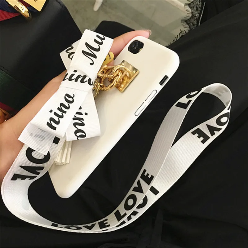 New Korean Love Strap Bowknot Tassel Case For iPhone 7 7plus Soft Pro-PU Black & White Back Cover for iPhone X 8 6S 6 6splus
