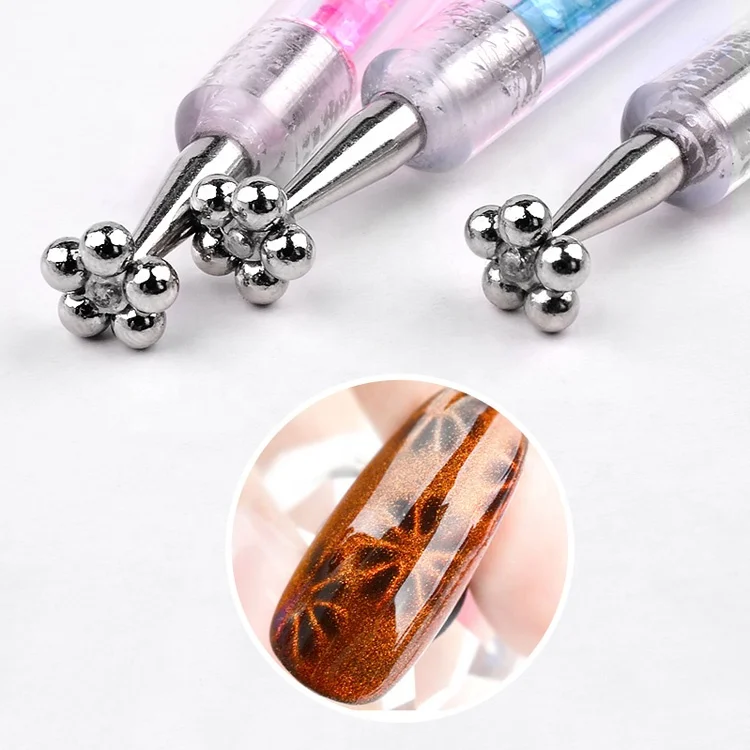 
Double Use Flower Magnet Pen Plastic Acrylic Handle Nylon Liner Painting Nail Brush Nylon Stripe Brush Cat Eye Magnetic Pen 