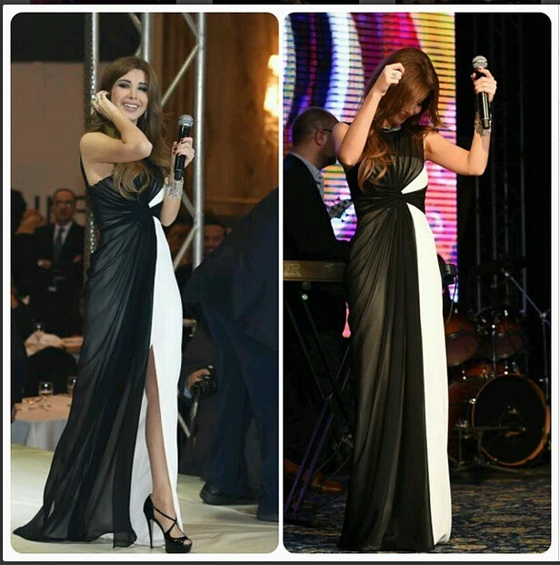 2015 Inspired by Nancy Ajram Arabic Dubai Muslim Celebrity Dresses Ruched Bodice Black &White Evening Prom Party Gowns