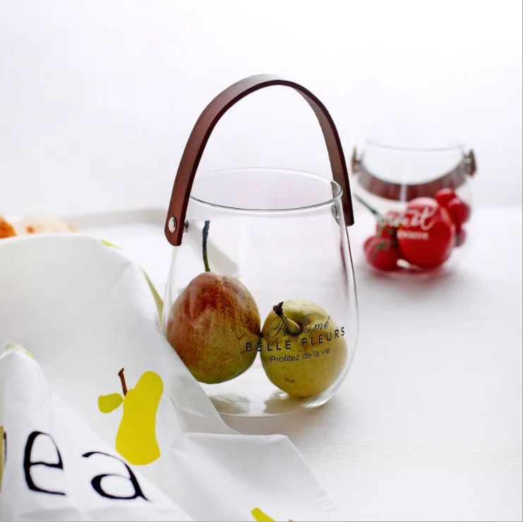 Wholesale Borosilicate Glass Leather Handle Clear Round Snack Storage Glass Jar