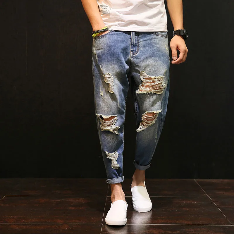Summer ripped jeans men loose size torn nine cent pants south Korean version of the trend harem pants