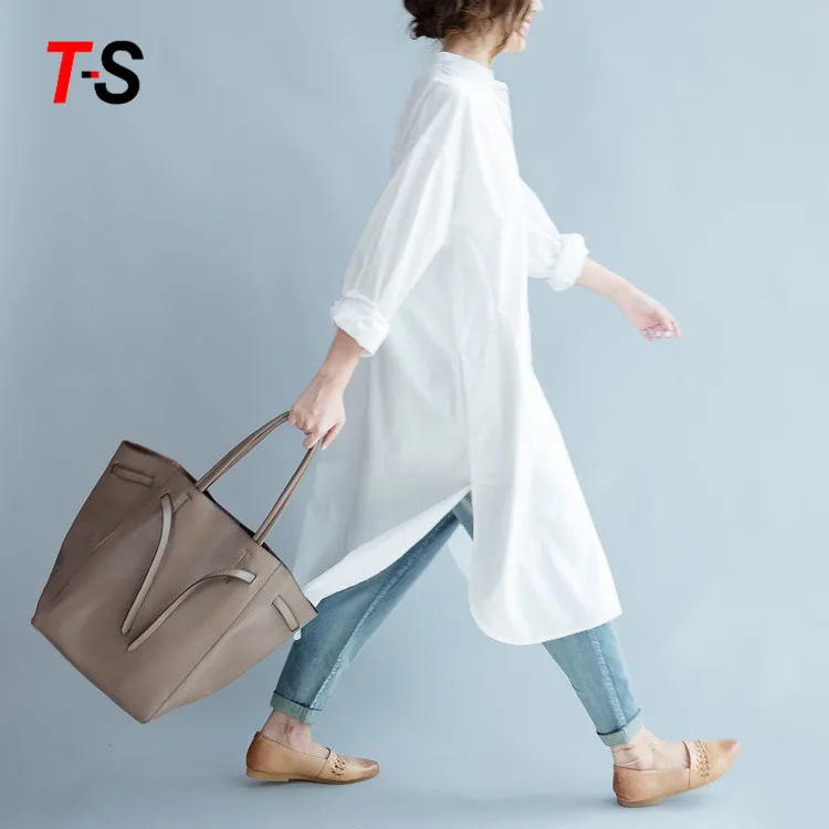 New leisure Simple Solid color round neck long shirt dress cotton fabric