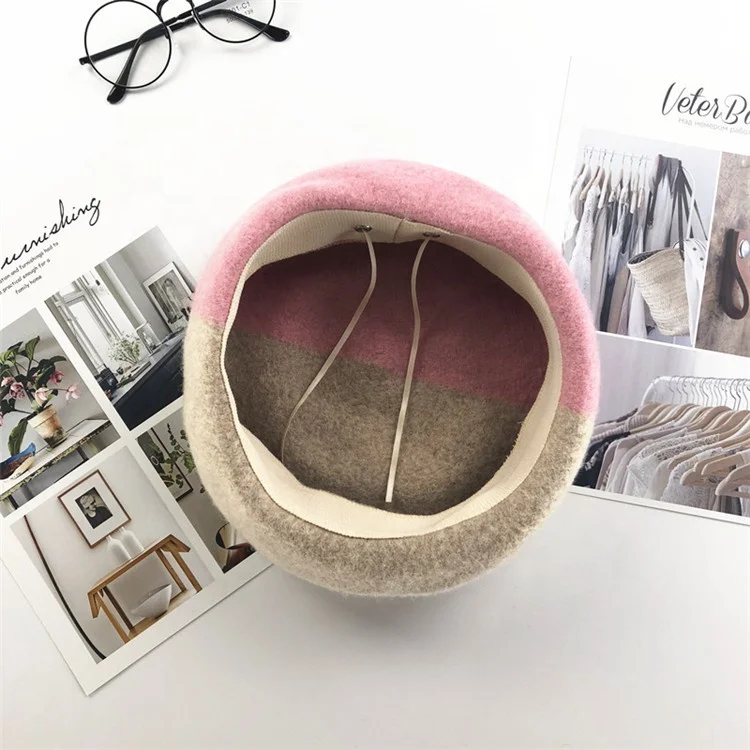 2019 Modern Stylish High Quality Winter Stitching Color Lady Wool Decorate Military Beret Painter Cap