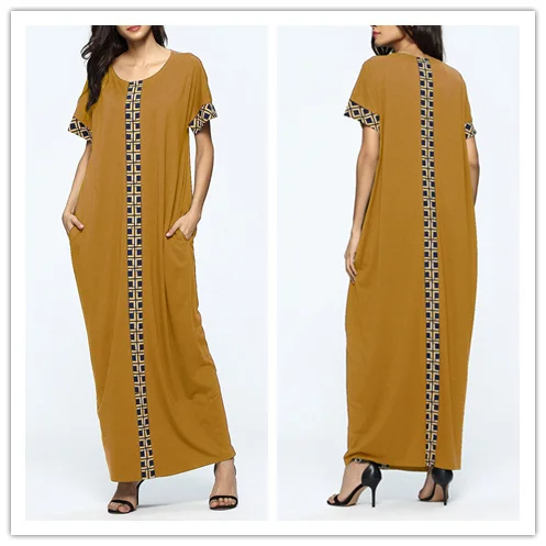 Pakistani Ladies Kurta Designs Indian Cotton Print Kaftan Long Dress Women O-neck Short Sleeve Straight Maxi Dress hsk2125