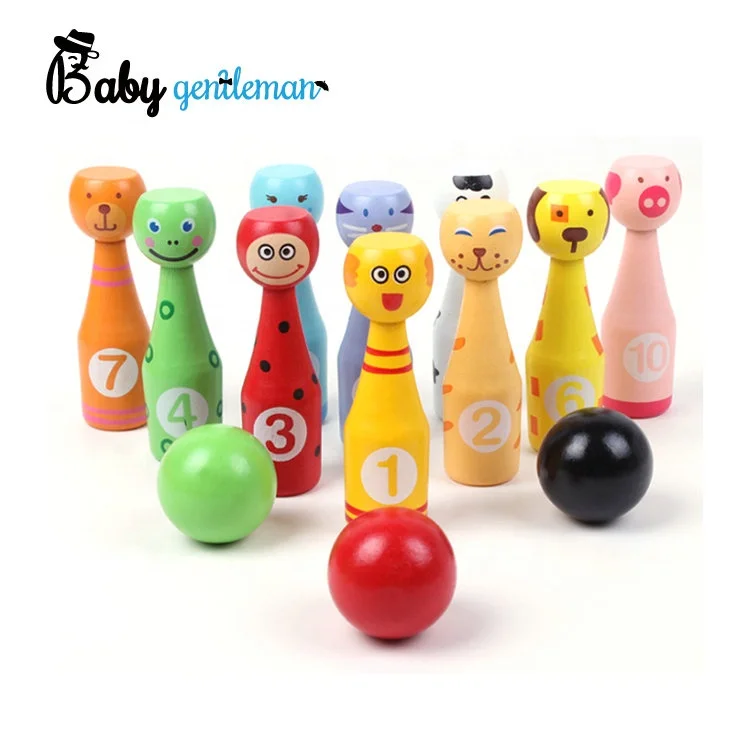 Hot selling kids indoor sports toy colorful cartoon animal wooden bowling set Z01316A