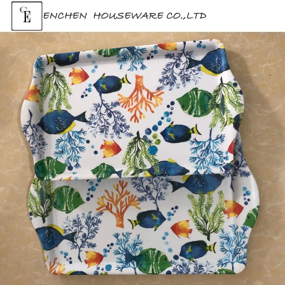 Wholesale cheap price custom printed design hotel restaurant buffet rectangle 100% melamine rolling food serving trays