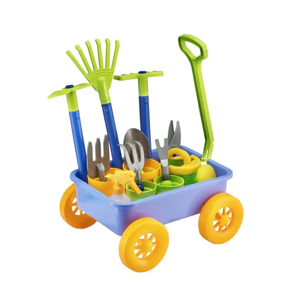 Pull Along Wagon Kids Wheelbarrow Gardening Tools Set with 10 Accessories for Children