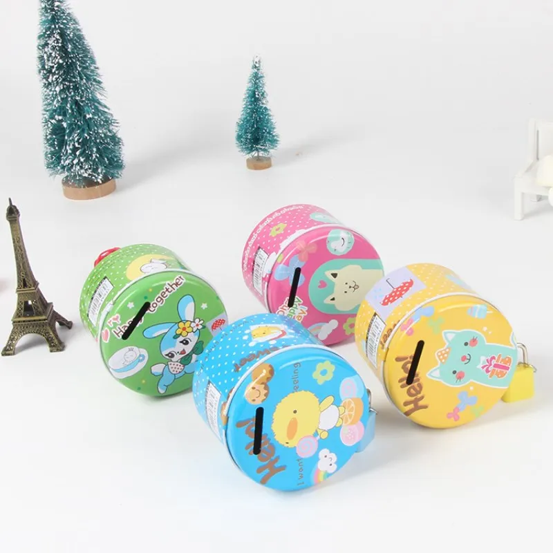 Promotion kids gifts cartoon tin can coin bank with lock