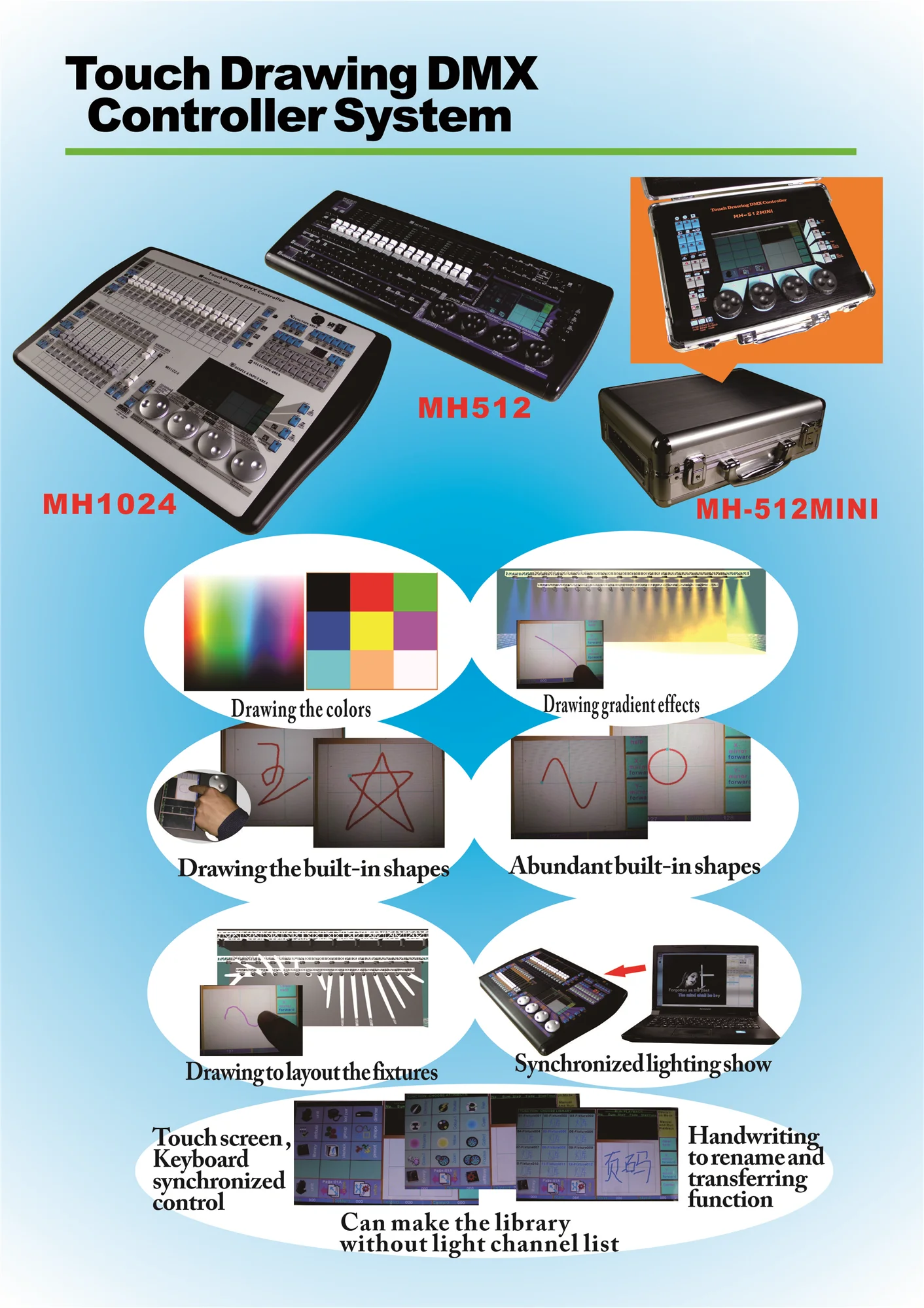  Осветительная консоль dmx512 с сенсорным экраном 1024 для сценического освещения либиаром ручной рисунок