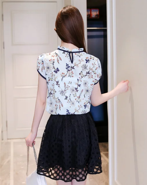 Chiffon jacket spring and summer new dress sweet lace floral short-sleeved shirt blouse