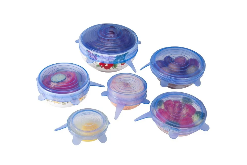 6 Pack Silicone Lids, Reusable, Super Stretch Silicone Lids, Best Durable Kitchen Baking Tool and Coolest Cooking Gadget,