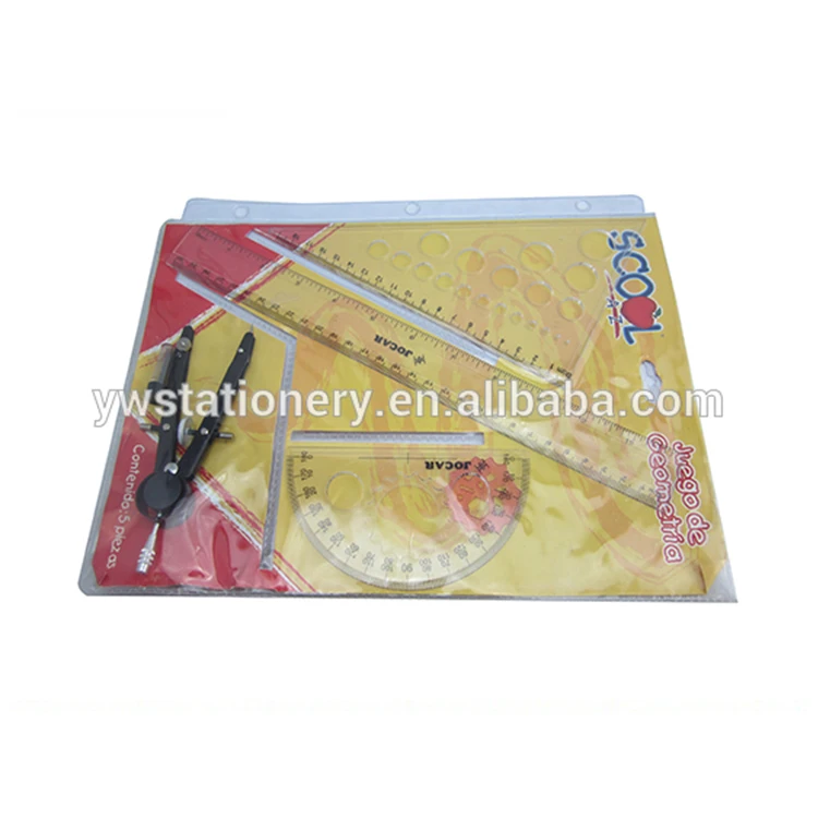 RS30120C 5 Pieces Math set Plastic Clear Ruler Sets, Protractor, Triangle,metal compass