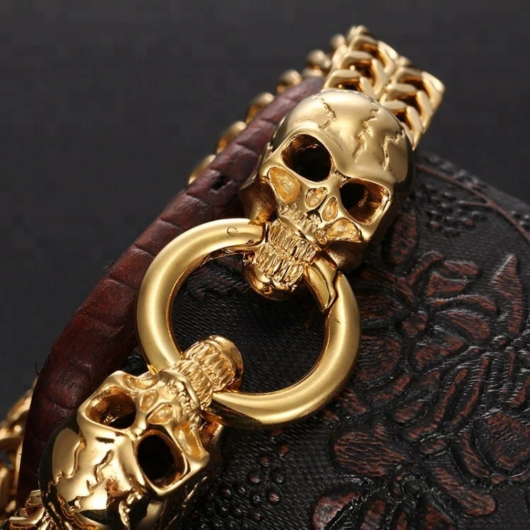 Cool punk 316l stainless steel real gold plated franco chain double lion head skull men bracelet