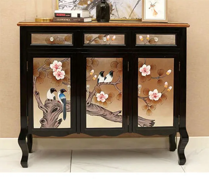 OE-FASHION antique new classic wood frame hand Painted 3 door shoes cabinet with drawer for living room furniture