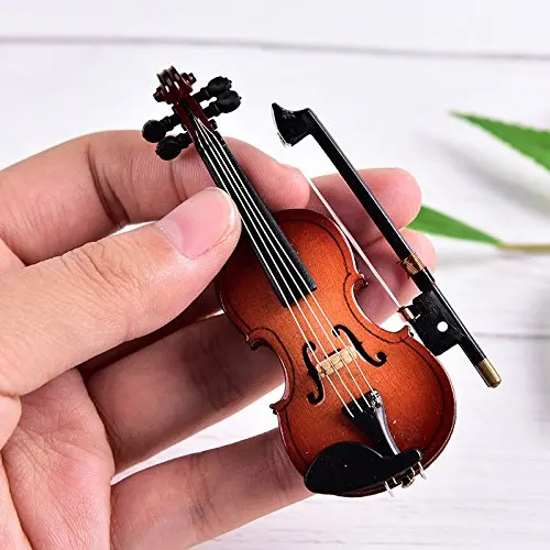 Size 3 inch Mini Violin Dollhouse Miniature Musical Instrument Wooden Model Decor Bow, Stand Support Case