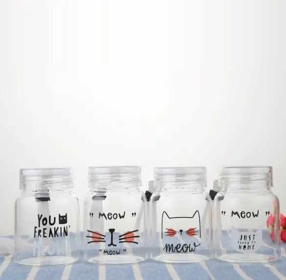 
Cartoon Cute Cat Glass Water Bottle with Cloth Protection Cover Cat Lookproof for Outdoors for Kids Glass Bottle With Handgrip 