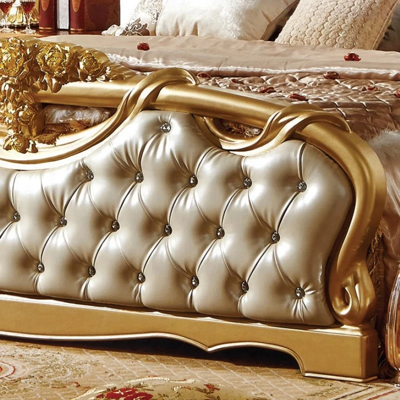 Luxury  Design Bedroom Furniture Golden color King Size Wooden Leather Bed