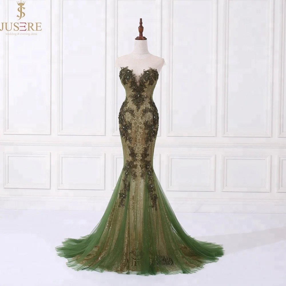 Green Mermaid Embroidered Plunging Neckline Sweetheart  Women muslin Evening Dress Prom Gown