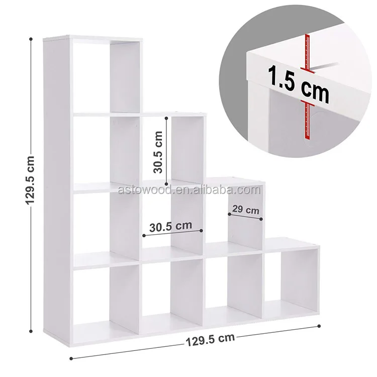 10 Cube Bookcase Storage Unit, Wooden Display Rack, Free Standing Shelf, Room Divider Step Rack, White