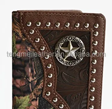 men brown mossy oak Texas star concho studded bifold long western camo wallet