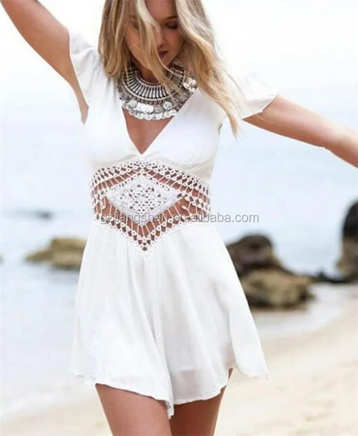 
2015 European Style Brand New V Neck Chiffon Jumpsuit Summer Women Cap Sleeve Backless White Loose Short Jumpsuits Women 