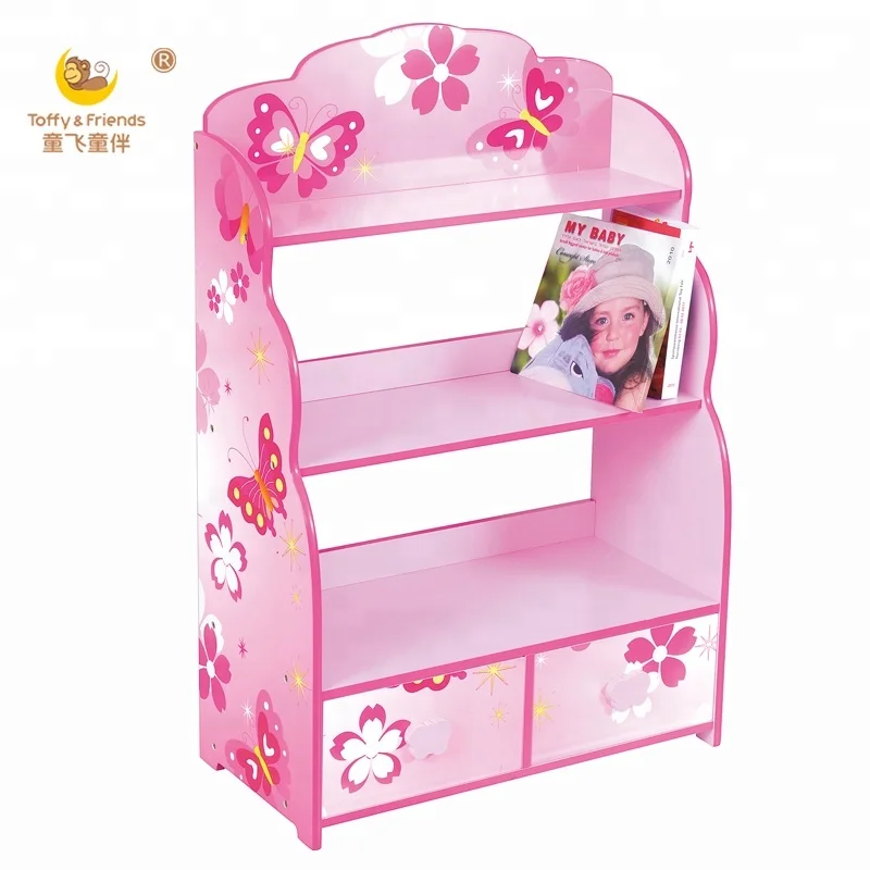 Деревянная детская книжная полка, стеллаж для хранения, розовая бабочка, цветочный узор