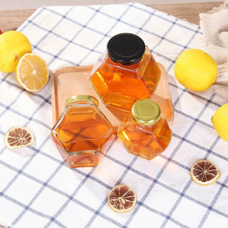 
Wholesale Hexagon Glass Jar Storage 100ml 180ml 280ml 380ml Six-Rowed Glass Honey Jar With Metal Cap 