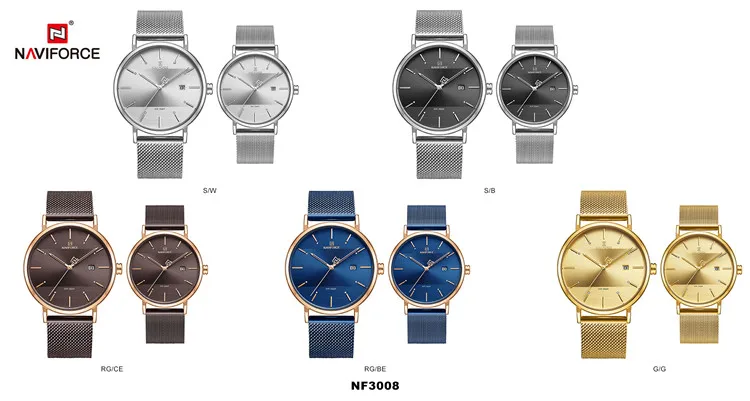 NAVIFORCE 3008 GG Sports Quartz Waterproof Couple watch Casual Wristwatches Simple Date Male Analog Clock lovers